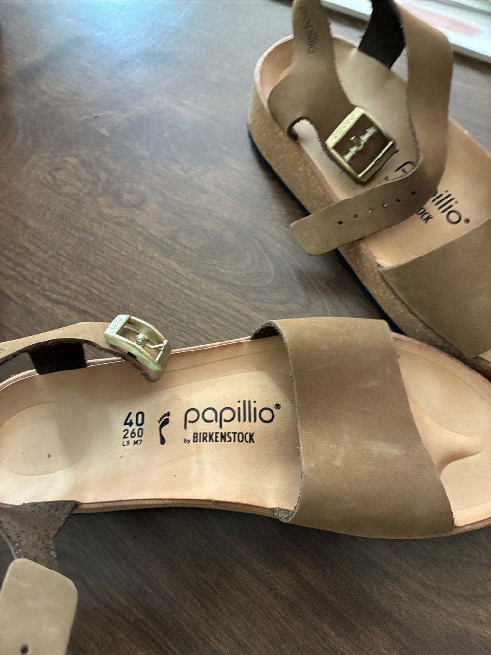 Papillio by Birkenstock new Leather Cork Slide Sandals with Gold Buckles